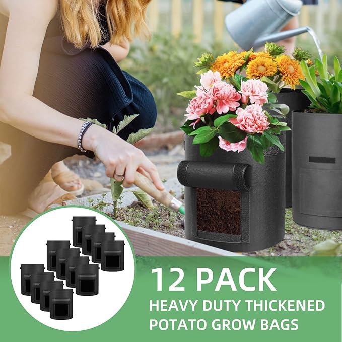 LITLANDSTAR 12 Pack 15 Gallon Potato Grow Bags, Heavy Duty Nonwoven Fabric Garden Planting Bag Plant Container with Flap and Handles, Aeration Fabric Pots for Growing Vegetable, Fruits and Flowers