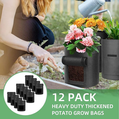LITLANDSTAR 12 Pack 15 Gallon Potato Grow Bags, Heavy Duty Nonwoven Fabric Garden Planting Bag Plant Container with Flap and Handles, Aeration Fabric Pots for Growing Vegetable, Fruits and Flowers