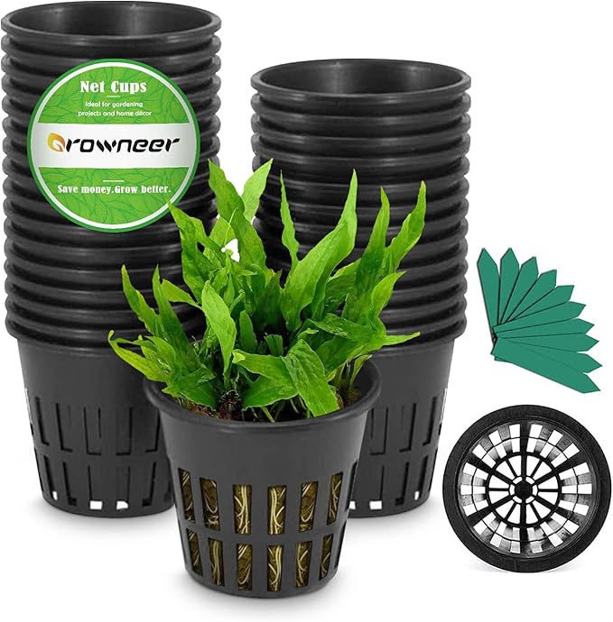 GROWNEER Net Pots 25 Pcs 3 Inch Garden Slotted Mesh Net Cups, Heavy Duty Hydroponic Supplies with 50Pcs Plant Labels, Planting Grow Basket for Indoor Outdoor Aquaponics Growing Bucket