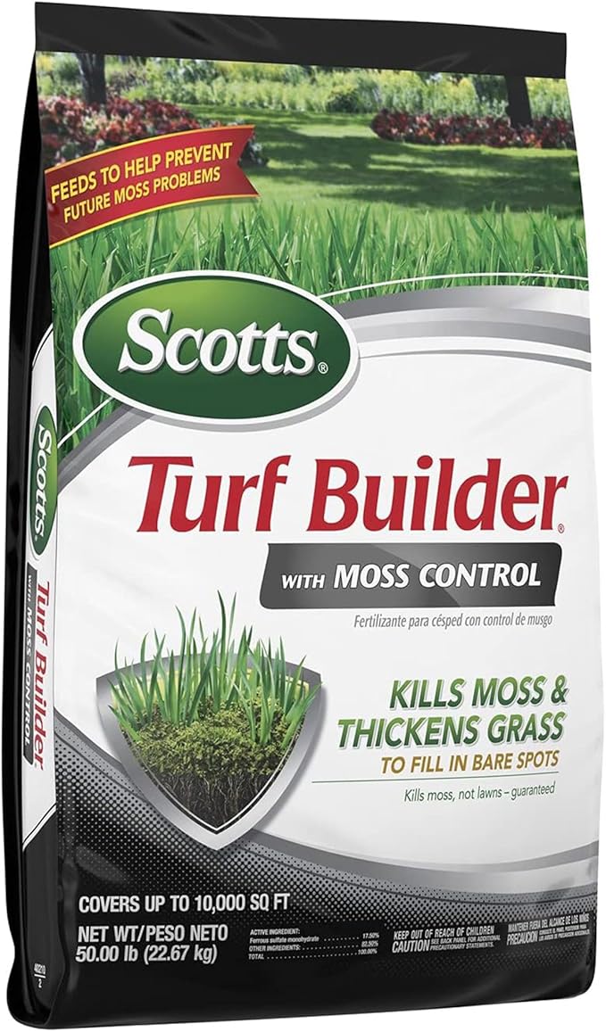 Scotts Turf Builder with Moss Control, Moss Killer and Lawn Fertilizer, Covers Up to 10,000 sq. ft., 50 lbs.