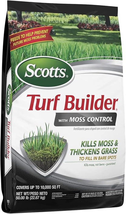 Scotts Turf Builder with Moss Control, Moss Killer and Lawn Fertilizer, Covers Up to 10,000 sq. ft., 50 lbs.