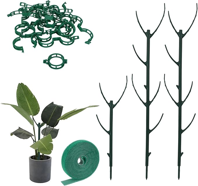 5pcs Adjustable Plant Support Poles, Stackable Plant Stakes with Hook-and-Loop Garden Ties Clips Garden Support Trellis Sticks for Indoor Outdoor Monstera Climbing Vines Flowers Vegetables