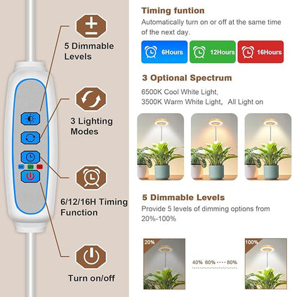 Grow Lights for Indoor Plants, 48 LEDs Full Spectrum Plant Grow Light, Height Adjustable Faux Wood Grain Halo Plant Light with Base, 3 Optional Spectrums, Auto Timer 6/12/16Hrs, 5 Brightness