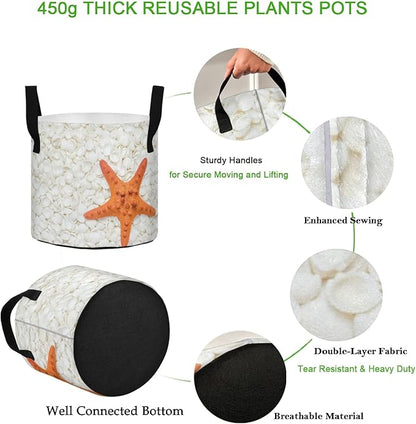 5 Gallon 3D Beautiful White Seashell Starfish Breathable Grow Bag Heavy Duty Thickened Plant Pots Containers with Handles for Tomato Potato Fruits Vegetables Flowers