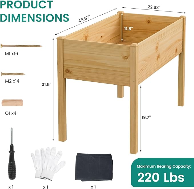 DoCred Raised Garden Bed, 45.7" x 22.8" x 31.5" Large Elevated Wooden Horticulture Planter Box with Wood Legs Standing Growing Bed Planter for Gardening, Balcony, Backyard, Patio