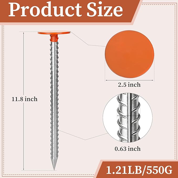 6 Pack Rebar Property Line Markers 11.8x2.8 Inch Permanent Survey Stakes Heavy Duty Survey Pin Hi-Vis Orange Property Land Boundary Markers for Outdoor Lawn Garden Paver Landscaping Septic Tank