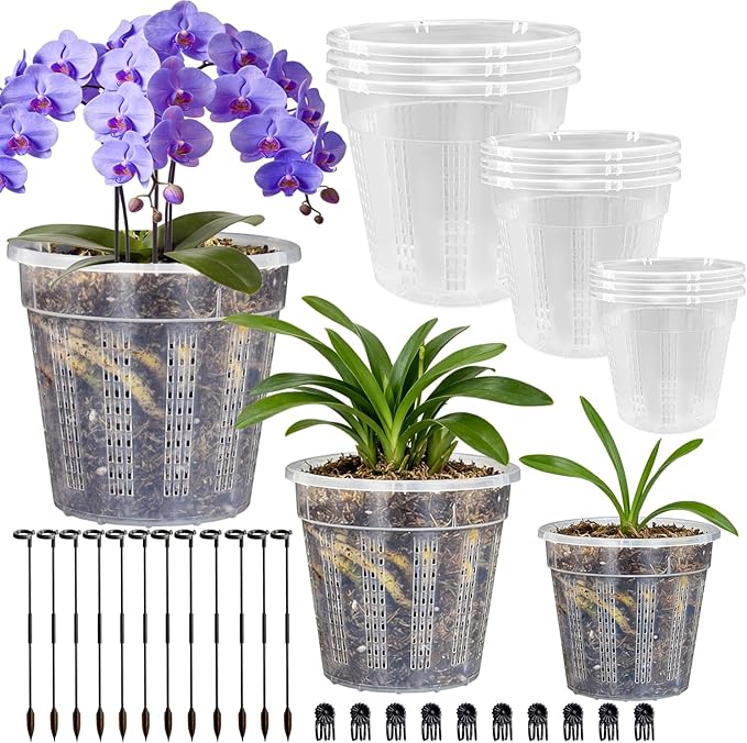 Orchid Pots, 9 Pack Orchid Pots with Holes and 12Pcs Plant Stakes, 3 Each of 4.3",5.5",6.1" Clear Plastic Plant Pot for Indoor Outdoor Plants(3 Each of 4.3",5.5",6.1")