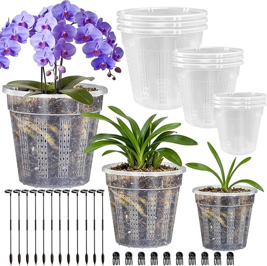Orchid Pots, 9 Pack Orchid Pots with Holes and 12Pcs Plant Stakes, 3 Each of 4.3",5.5",6.1" Clear Plastic Plant Pot for Indoor Outdoor Plants(3 Each of 4.3",5.5",6.1")