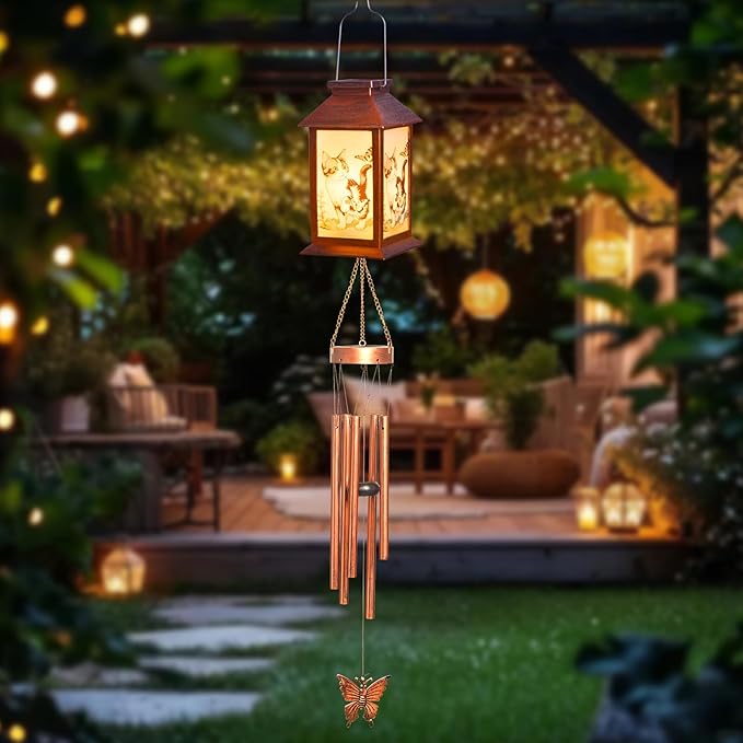Cat Lantern House Solar Wind Chime-Solar Light Wind Chime for Outdoor Patio, Porch, and Garden Decorfor Nature Lovers,Shaped Wind Chimewith Lantern Design
