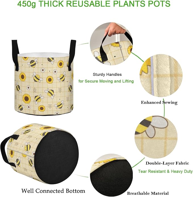 10 Gallon Cartoon Sunflwoers Bee Plaid Heavy Duty Grow Bag Breathable Planter Pot Containers with Handles for Potato Tomato Fruits Vegetables Flowers