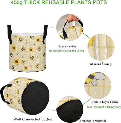 7 Gallon Cartoon Sunflwoers Bee Plaid Heavy Duty Grow Bag Breathable Planter Pot Containers with Handles for Potato Tomato Fruits Vegetables Flowers