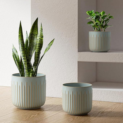 LE TAUCI Fluted Ceramic Pots for Plants, 8.3/7/6 Inch Indoor Planters with Drainage Holes & Mesh, Modern Glossy Glaze Cylinder Plant Pot for Snake Plant, Set of 3, Mist Gray