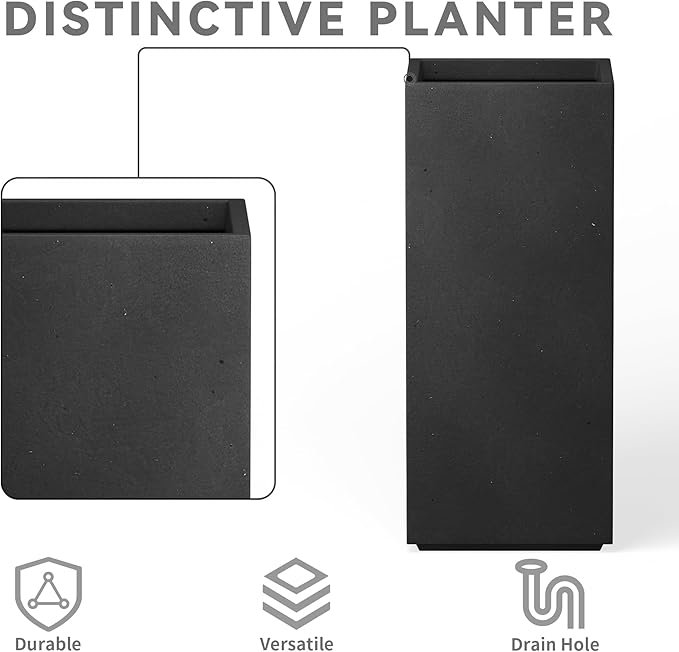 Kante 27.6" H Tall Rectangular Concrete Planter, Modern Square Diameter Plant Pot with Drainage Hole and Rubber Plug for Indoor Outdoor Home Patio Garden, Black