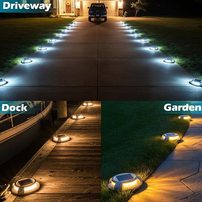 SIEDiNLAR Solar Driveway Lights Outdoor 4 Modes 40 LEDs Deck Driveway Markers Marine Dock Light Waterproof for Ground Walkway Pathway Step Garden Yard, White/Warm Dynamic Lighting (4 Pack)