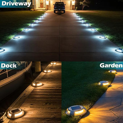 SIEDiNLAR Solar Driveway Lights Outdoor 4 Modes 40 LEDs Deck Driveway Markers Marine Dock Light Waterproof for Walkway Ground Pathway Step Garden Yard, White/Warm Dynamic Lighting (16 Pack)