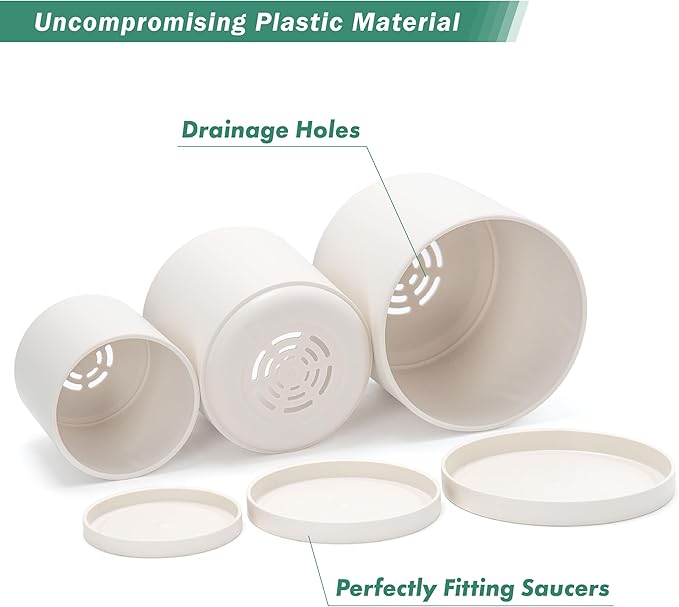 D'vine Dev 4 Inch 5 Inch 6 Inch, Set of 3 Plastic Planter Pots for Plants with Drainage Hole and Seamless Saucers, Oatmeal, Small, 74-V-H-1