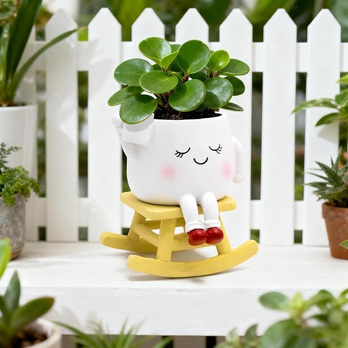 Smily Face Rocking Chair Planter -Cute Resin Book Coffee Succulents Plant Pots with Drainage Hole for Indoor Outdoor Garden, Gift IdeaI for Mother Appreciation Christmas (White)