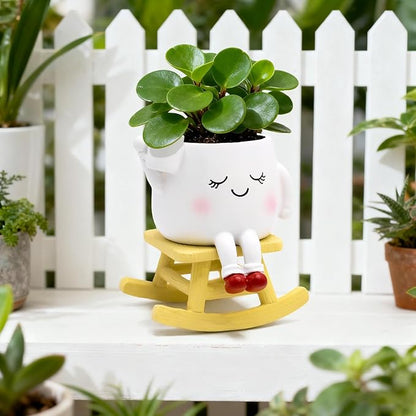 Smily Face Rocking Chair Planter -Cute Resin Book Coffee Succulents Plant Pots with Drainage Hole for Indoor Outdoor Garden, Gift IdeaI for Mother Appreciation Christmas (White)