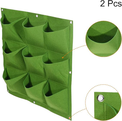 MECCANIXITY Vertical Hanging Grow Bag with 9 Pockets, Wall Mounted Felt Fabric Flowerpot Bag Plant Container for Garden Home Decoration, Green 2 Pack