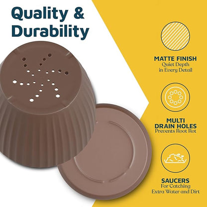 Brown 6-Inch Plant Pots with Drainage & Saucers 18 Pack, Indoor & Outdoor Planters for Houseplants, Herbs, and Flowers, Durable & Weatherproof Material, Stackable, Lightweight, Minimalist Design