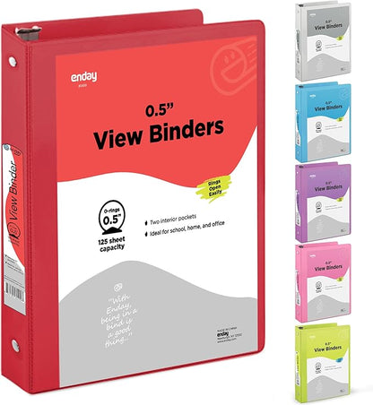 ½ Inch 3 Ring Binder .5 inch Red Clear View Cover with 2 Inside Pockets, Colored School Supplies Office and Home Binders – by Enday