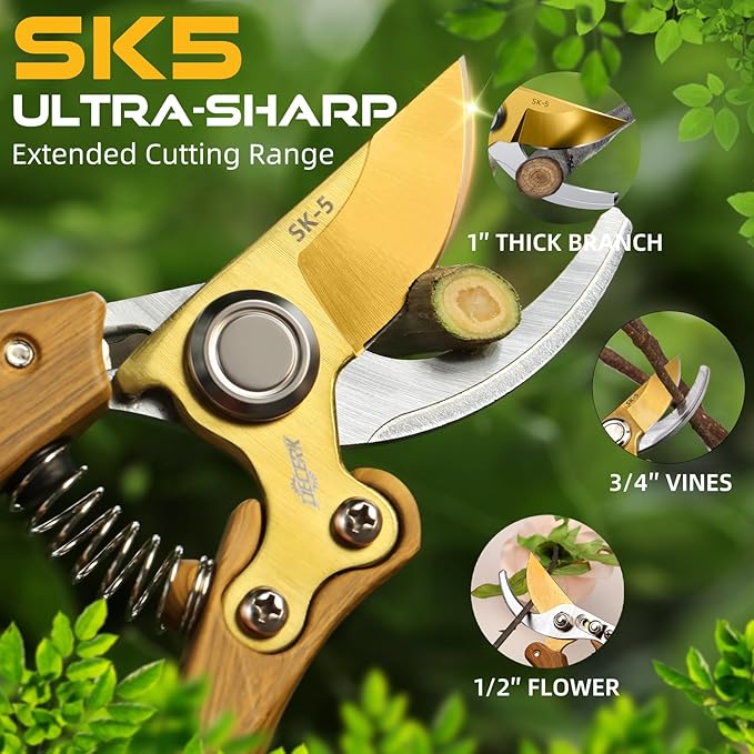 DECERK 8.5" Professional Bypass Pruning Shears – Heavy Duty Garden Scissors & Clippers for Wood & Tree Trimming, Ultra Sharp SK5 Blade, Ergonomic Handle, Perfect Gardening Gift, 2025 Wood-Like Finish