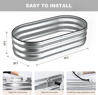 2 Pack 4x2x1FT Galvanized Raised Garden Beds,Raised Garden Bed with Safety Edging and Gloves,Oval Metal Planter Box for Gardening Vegetables Flowers Herb-Silver