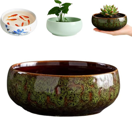 JWShang Lotus Bowl Planter for Planting in Water Indoors, Round Ceramic Lotus Flower Pot, Outdooor Garden Decorative Leak-Proof Bonsai Bowl for Lotus Seeds, Water Lily, Succulents (Green)