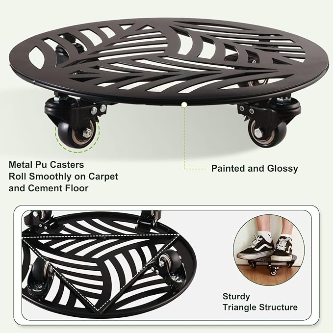 1 Pack Large Metal Plant Caddy with Wheels 13.6 Inches Heavy-duty Wrought Iron Rolling Plant Stand with Casters Indoor Outdoor Plant Roller Base Planter Movers Plant Dolly Coaster Trolley Black