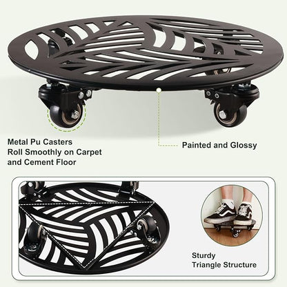 1 Pack Large Metal Plant Caddy with Wheels 13.6 Inches Heavy-duty Wrought Iron Rolling Plant Stand with Casters Indoor Outdoor Plant Roller Base Planter Movers Plant Dolly Coaster Trolley Black