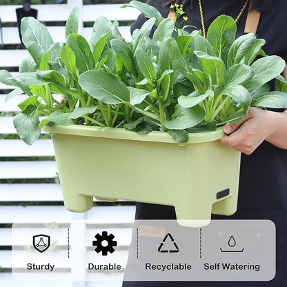 Self-Watering Rectangle Planter Boxes 8-Pack, 15.7-Inch Window Box Planter with Drainage Holes & Trays, Pots for Vegetables, Herbs, Flowers, Garden Windowsill Balcony (Light Green)