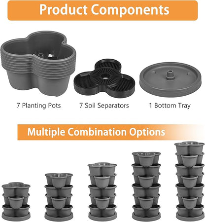 VECELO 7 Tier Vertical Garden Planter, Self Watering Stackable Planters with Wheels for Strawberries, Herbs, Flowers, Vegetables, Dark Gray