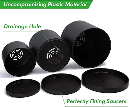 D'vine Dev 12 Inch 14 Inch 16 Inch, Set of 3 Plastic Planter Pots for Plants with Drainage Hole and Seamless Saucers, Black Color, XXX-Large, 74-V-B-7