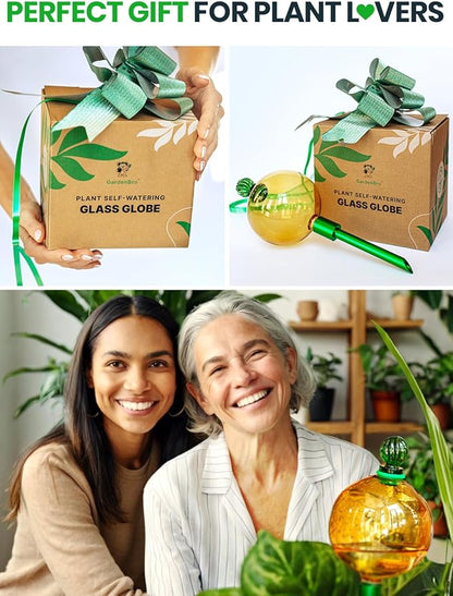 16 Oz Plant Watering Globes for Indoor Plants with Metal Self Watering Planter Insert - Premium XL Glass Hand-Blown Globe - Automatic Plant Waterer Indoor, Gift Idea for Gardeners [1 Globe, Golden]
