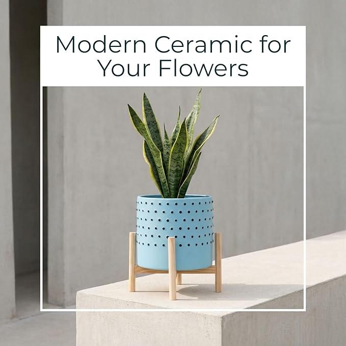 Sagebrook Home Stylish Ceramic Planter with Stand - Modern Stoneware Indoor/Outdoor Plant Pot - Decorative Garden Accent for Home & Patio - 11" Blue