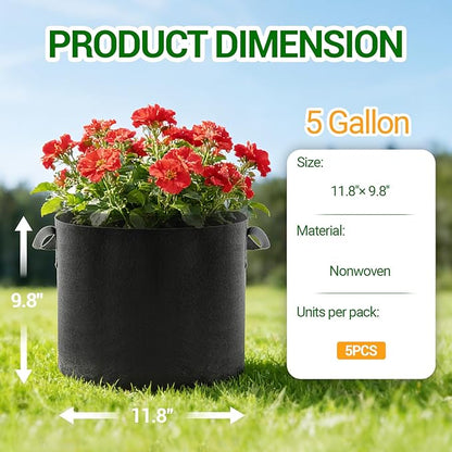 5-Pack 5 Gallon Grow Bags, Thickened Aeration Fabric Pots with Handles, Heavy Duty Plant Bags for Vegetables, Tomatoes, Potatoes, Fruits & Flowers, Reusable Garden Pots for Plants