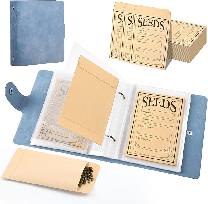 Seed Storage Organizer Binder, Leather Seed Packet Organizer with 50 Pack Seed Envelopes, Garden Seed Storage Holder Book, Plant Seed Saver, Flower Seed Keeper, Blue, 3.1x4.7 Inch Seed Envelopes