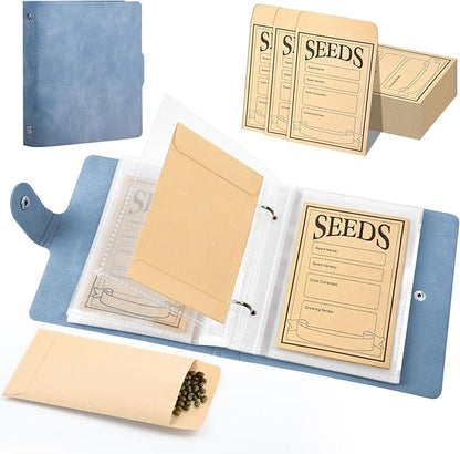 Seed Storage Organizer Binder, Leather Seed Packet Organizer with 50 Pack Seed Envelopes, Garden Seed Storage Holder Book, Plant Seed Saver, Flower Seed Keeper, Blue, 3.1x4.7 Inch Seed Envelopes