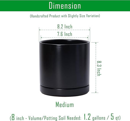 D'vine Dev 8.2 Inch Ceramic Planter Pot with Drainage Hole and Saucer, Indoor Cylinder Round Planter Pot, Black, 94-O-D-2