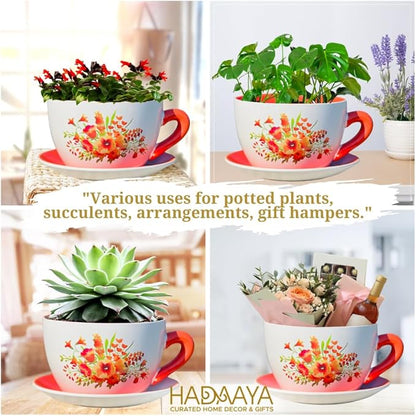 7.5" Round Ceramic Teacup Shape Planter Pot with Saucer for Succulents Orchids Herbs Cactus Indoor Houseplants Flowers for Valentines Day Gift – Orange Poppy Floral