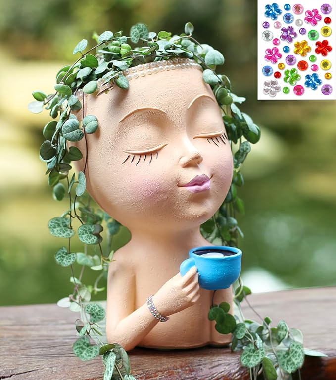 Face Pot for Plants, with a Base,Face Flower Pot for Indoor Outdoor Plants Resin Succulent Planter with Drainage Hole Cute Lady Plant Pots（Lignt Orange）