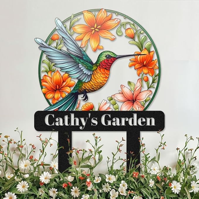 Personalized Hummingbird and Flowers Garden Sign - Customized Custom Colorful Flowers Bird Metal Garden Stake Outdoor Plaque - Lawn Yard Art Decor Sign With Stakes