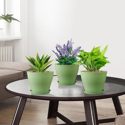 6 inch Plastic Nursery Pots,16 Pack Plant Pots for Small Indoor Outdoor Plants, Flower Pots with Drainage Holes and Saucers, Decorative Seedling Starter Planters for House Plants, Green