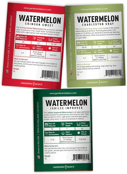 Gardeners Basics Watermelon Fruit Seeds for Planting Home Garden 5 Variety Packets - Crimson Sweet, Jubilee Improved, Tendersweet Orange, Charleston Grey, and All Sweet Watermelon Seed Packs