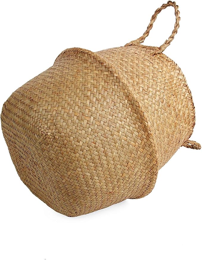 Woven Seagrass Belly Basket for Storage, Plant Pot, Laundry, Picnic and Grocery Basket with Handle (Large, Original)