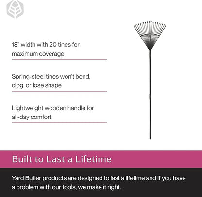 Yard Butler World’s Greatest Rake 18" Wide Leaf Rake, ILT-20 Garden Rake for Lawncare - Convenient Garden Cleaning Accessory - Lightweight Wooden Handle - Steel Tines - Easy to Maneuver