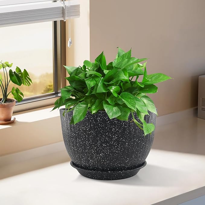 12/10/9 inch Plant Pots, 3 Pack Flower Pots for Outdoor Indoor Garden Plants, Large Planters with Multi Mesh Drainage Holes and Saucer (Speckled Black, 12"+10"+9")