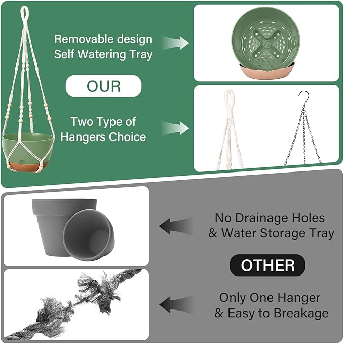 Hanging Planters for Indoor Plants, 2 Pack 10 Inch Self Watering Hanging Pots for Plants with Drainage Holes, Indoor Outdoor Hanging Flower Pots for Home Garden Ceiling Decor (Green)