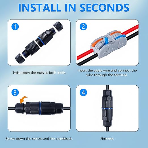 3PCS IP68 Waterproof Electrical Cable Connector, Outdoor 3 Way Junction Box, Waterproof Wire Connectors with Replaceable Lever Wire Connectors for AWG 28-12, Quick Screwless Installation