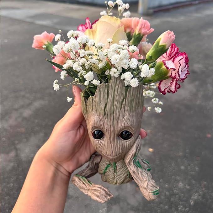 Baby Groot Pen Pot Tree Man Pens Holder or Flower Pot with Drainage Hole Perfect for a Tiny Succulents Plants 6" (Grayish Brown)